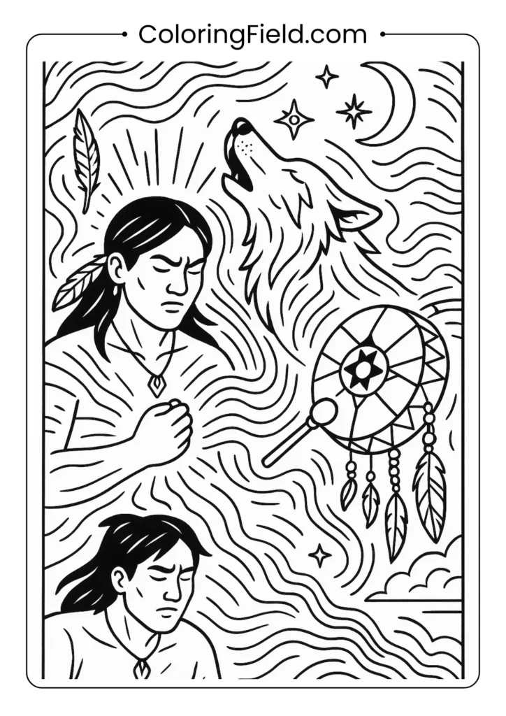 Wolf shaman transformation coloring page with energy lines and spiritual ritual elements