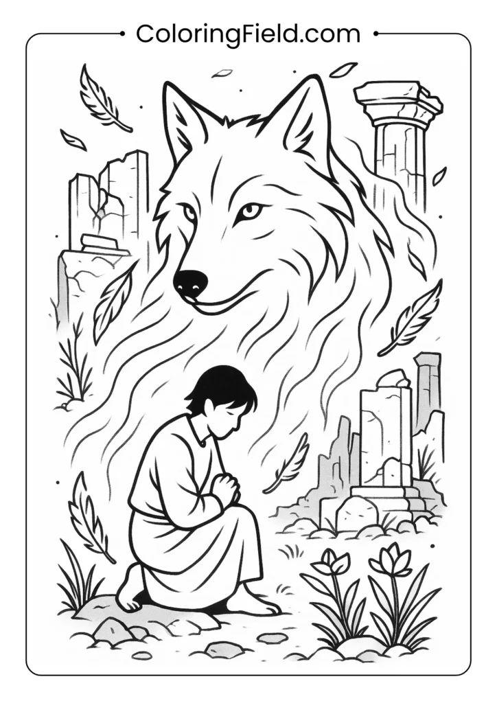 Wolf spirit guardian coloring page with ethereal wolf protecting person near ancient ruins