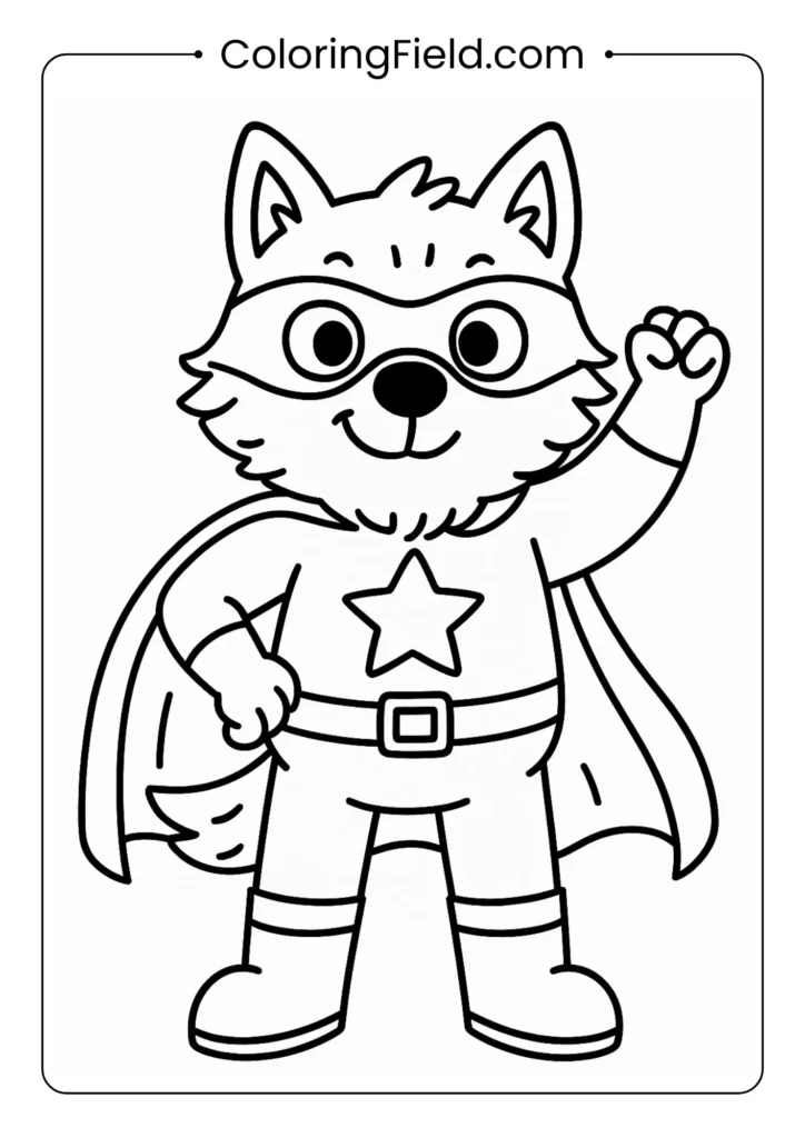 Wolf superhero coloring page with cape, mask, and bold heroic stance