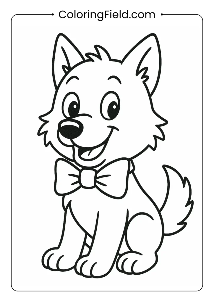 Cartoon wolf with bowtie coloring page featuring formal dress-up theme for children