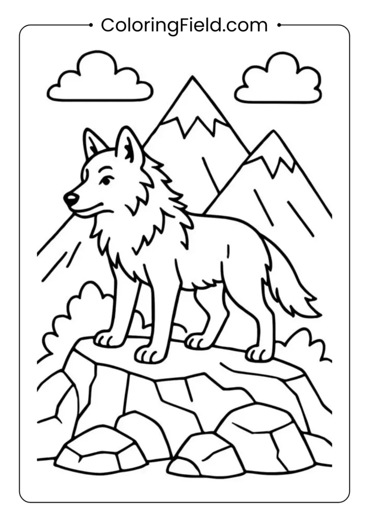 Wolf on a rocky mountain coloring page with detailed rocks, strong stance, and natural background