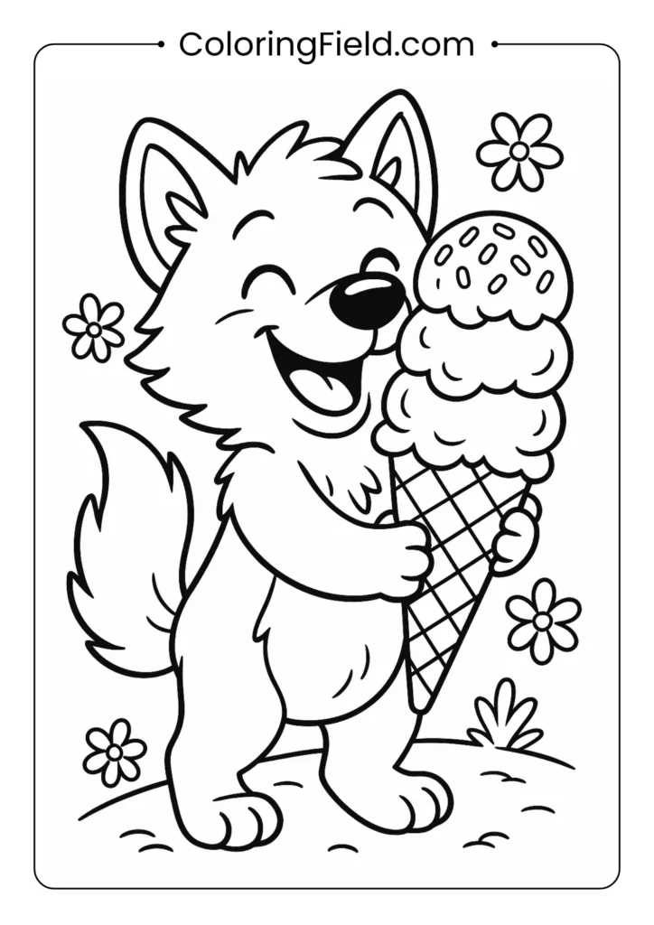 Happy wolf with ice cream coloring page featuring multiple scoops and sprinkles
