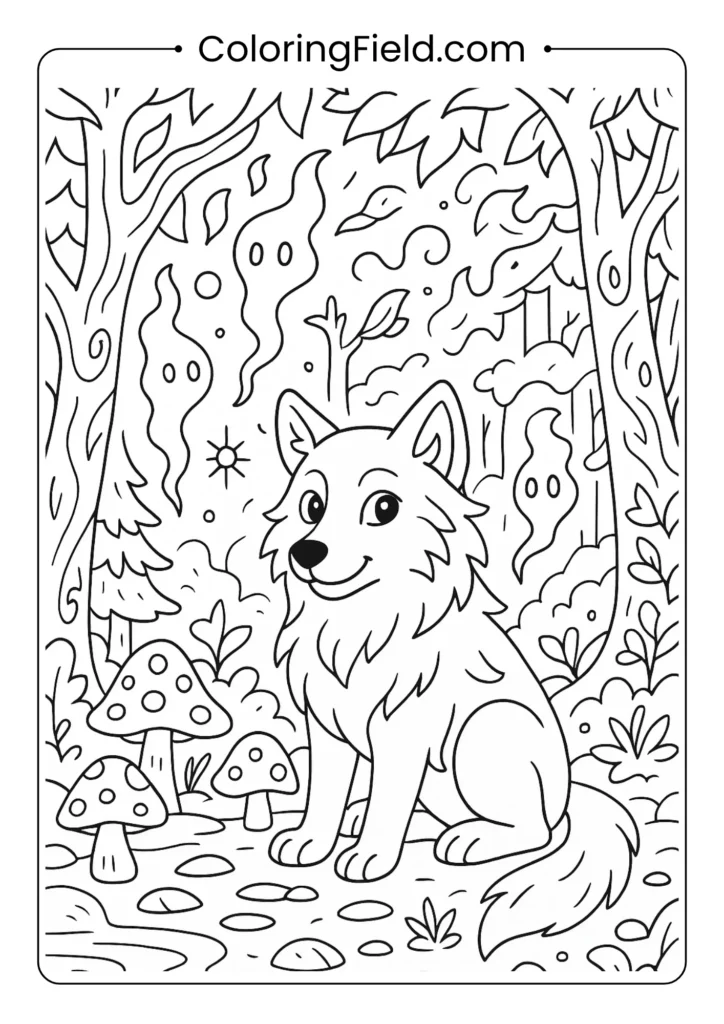 Wolf with forest spirits coloring page featuring magical mushrooms and enchanted woodland