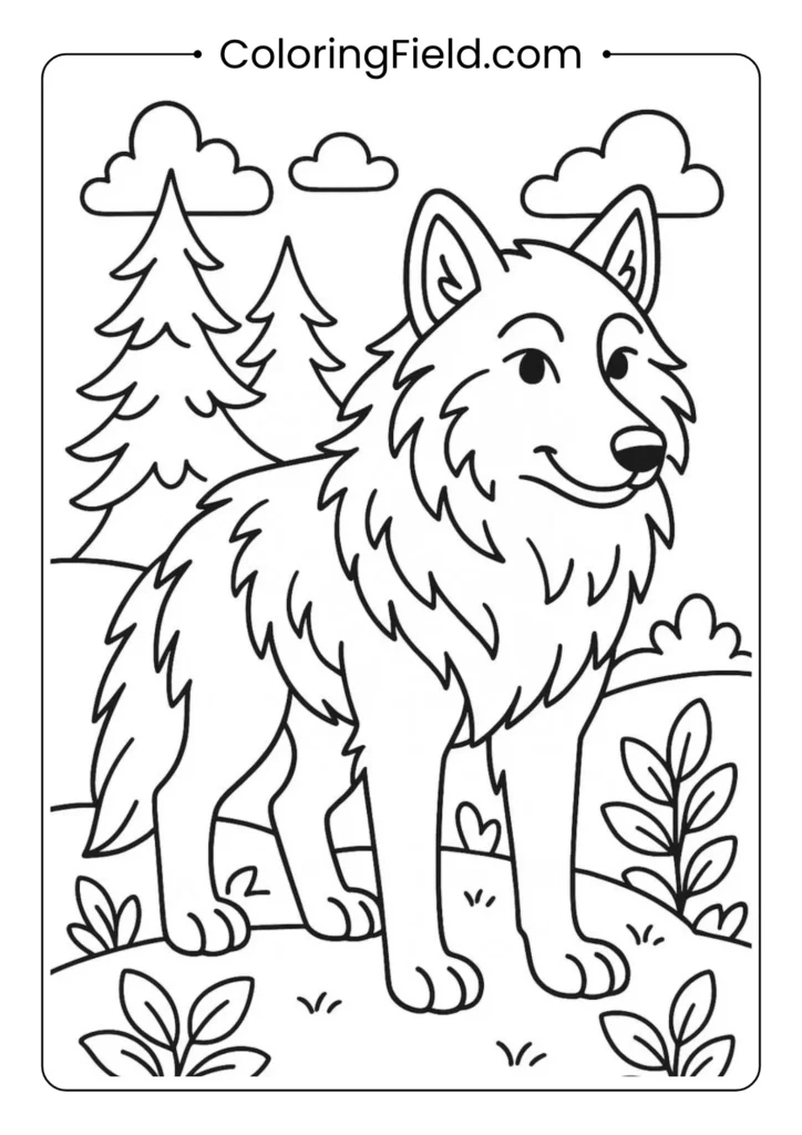 Wolf with thick fur coloring page showing detailed fluffy coat and strong stance