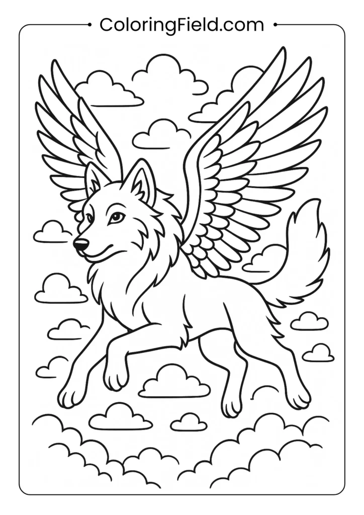Fantasy winged wolf coloring page with large feathered wings flying through clouds