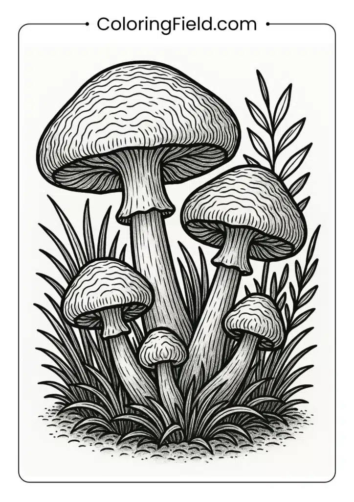 Multiple mushroom cluster with complex textures and surrounding vegetation coloring page