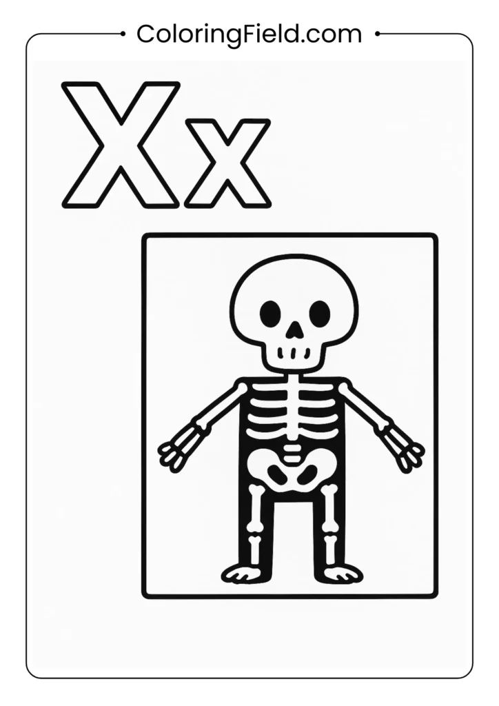 Letter X coloring page with medical x-ray for community helpers alphabet theme