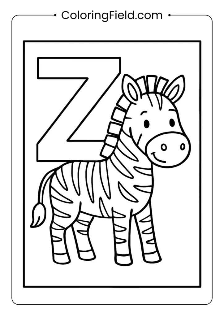Letter Z coloring page with striped zebra for African animals alphabet theme