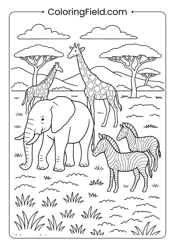 African savanna scene with elephants, giraffes, zebras and acacia trees showing wildlife relationships