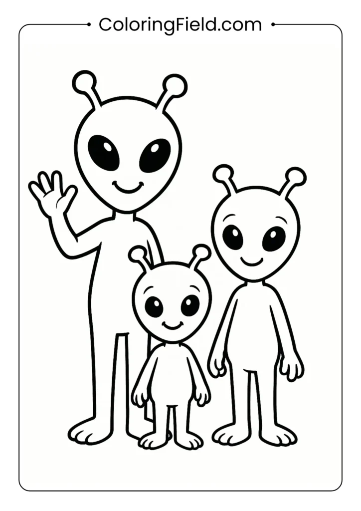 Alien family with different sizes and cute expressions outline drawing