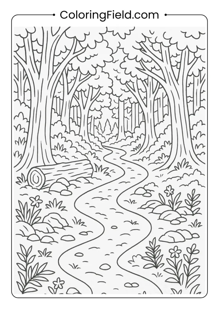 Winding forest trail with towering trees, dappled sunlight, fallen logs and wildflowers along the path