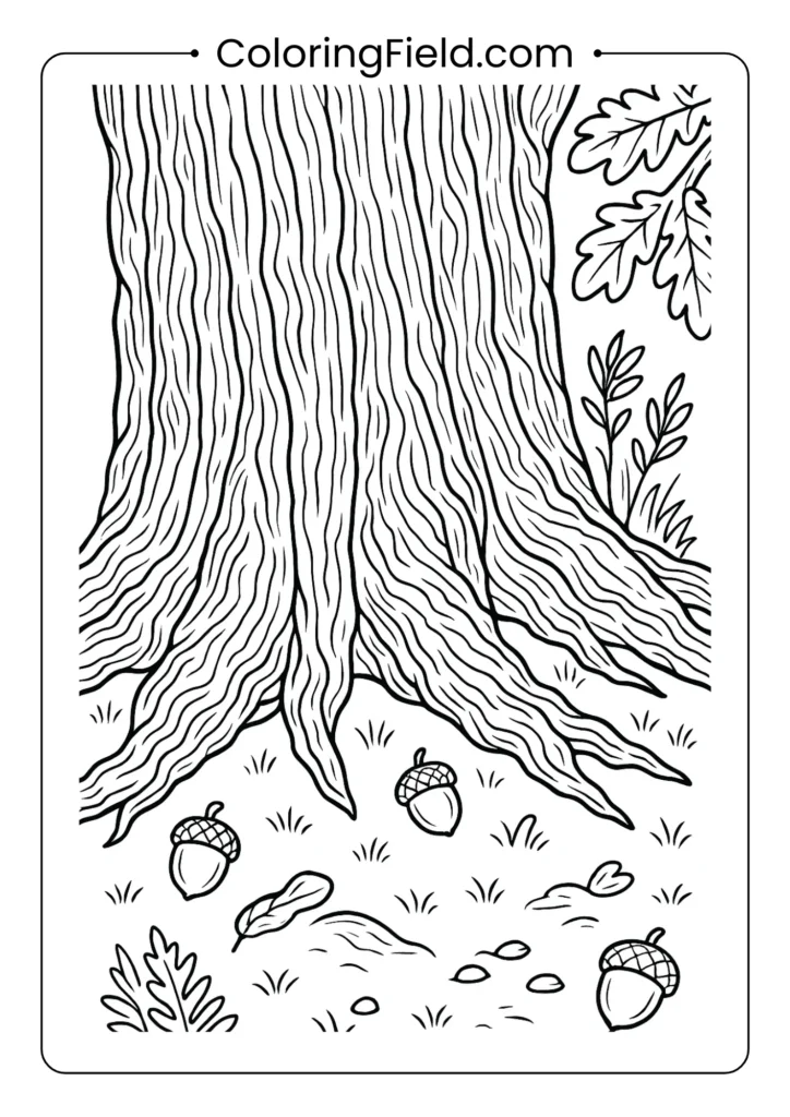 Ancient oak tree coloring page with detailed bark texture and scattered acorns