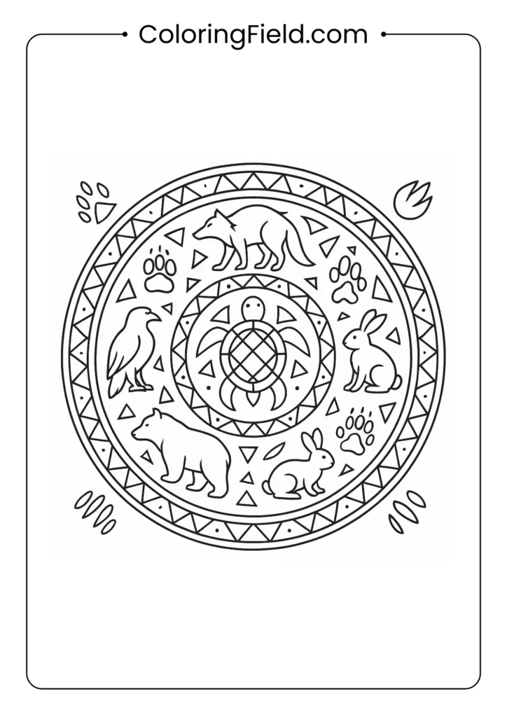 Animal spirit mandala with silhouettes and tracks in circular patterns inspired by animal characteristics