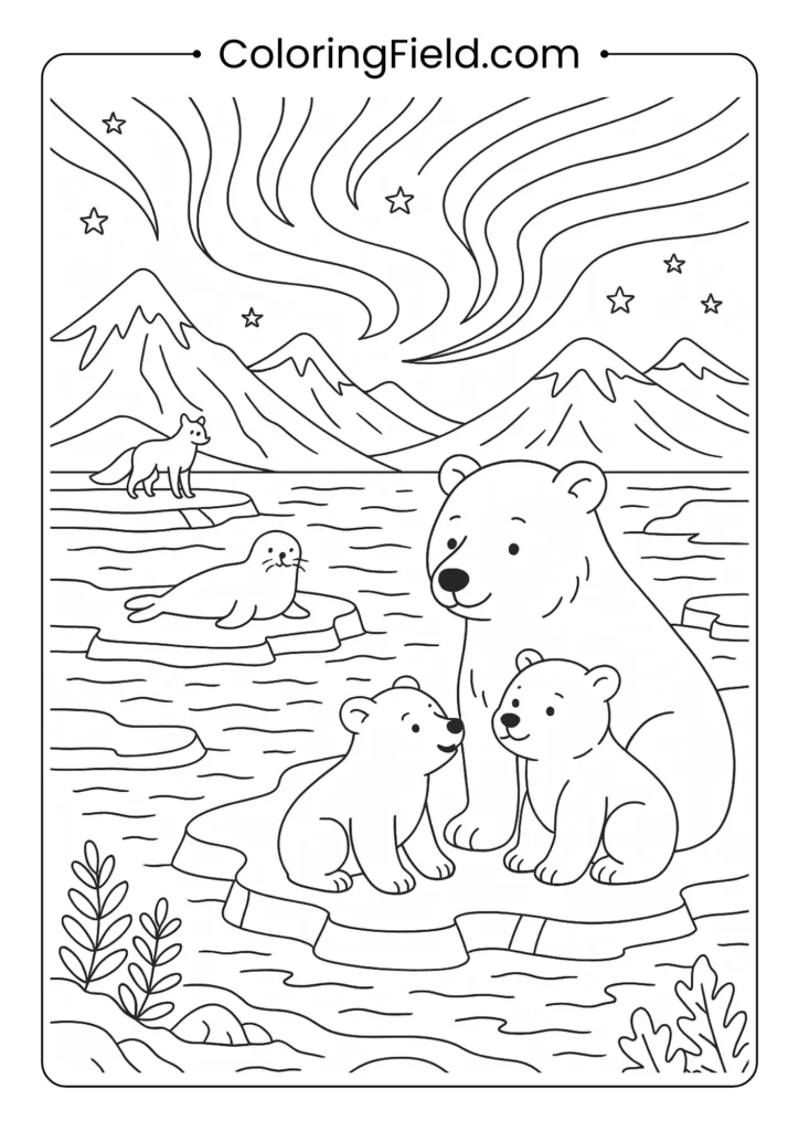 Arctic polar bear family on ice floes with Northern Lights, detailed fur and other arctic animals