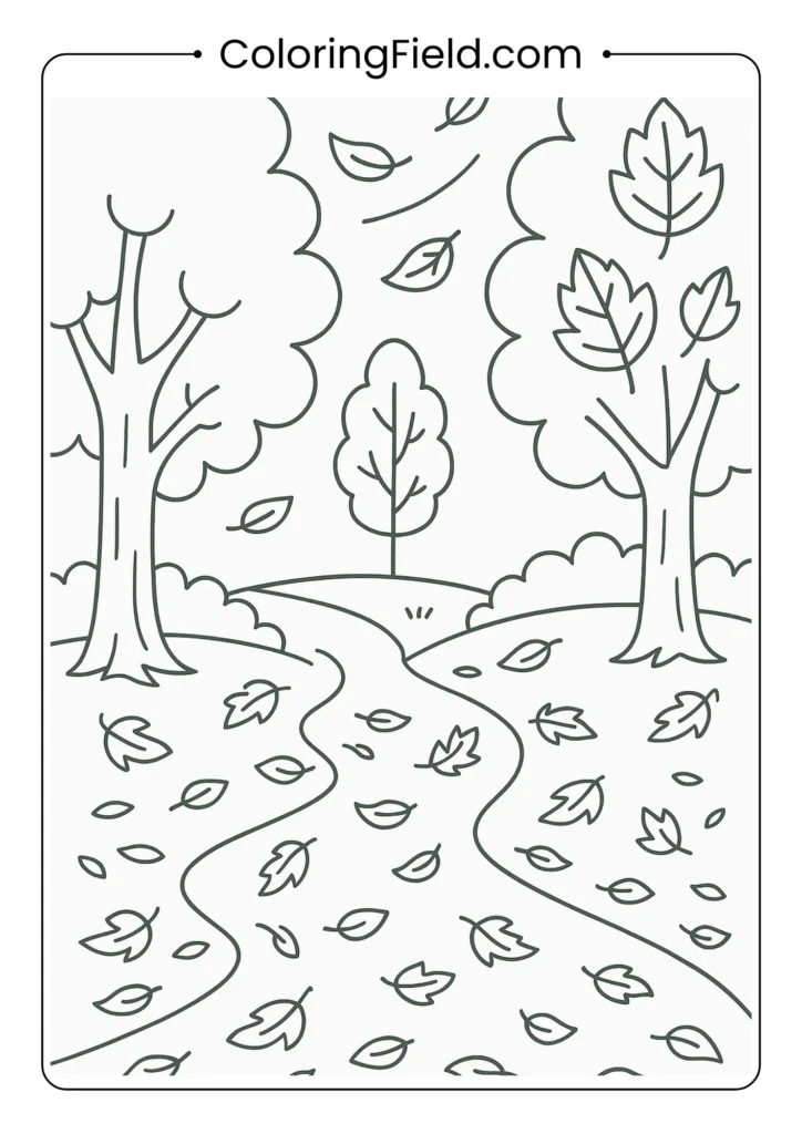 Autumn forest coloring page with colorful falling leaves and tree-lined path