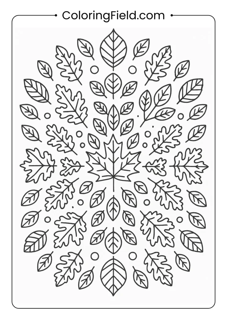 Circular mandala design featuring autumn leaves including maple, oak, and birch arranged in symmetrical patterns