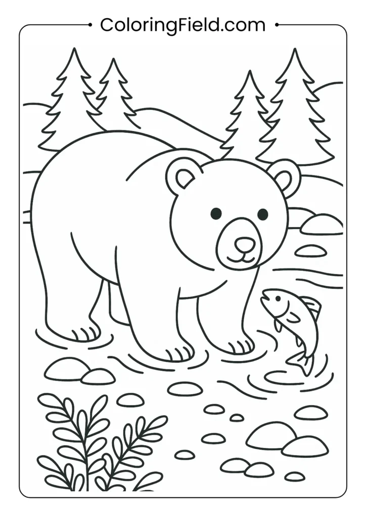 Bear fishing coloring page showing large bear in stream with jumping fish