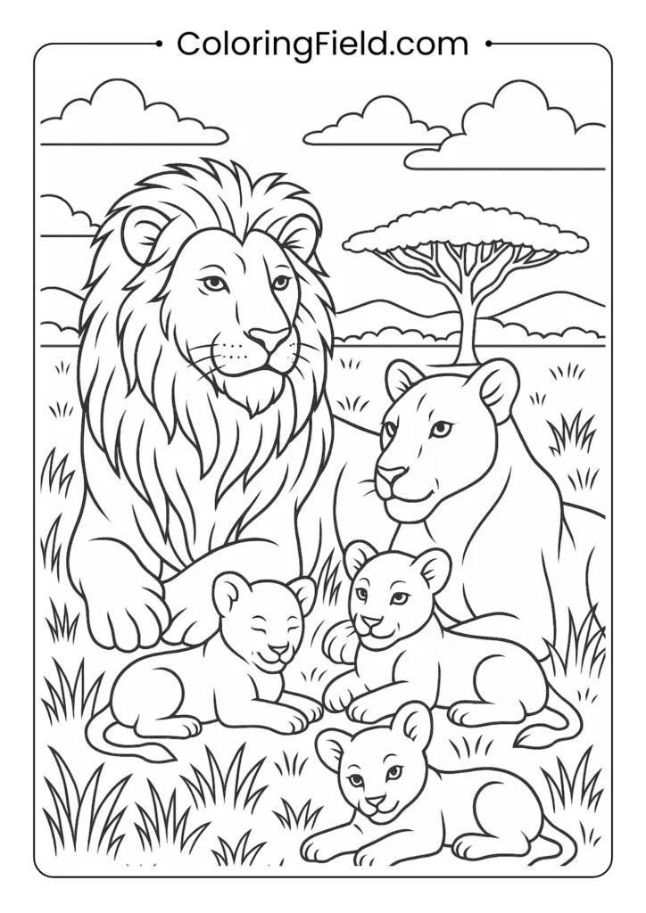 Lion pride family scene with detailed manes in grassland habitat showing social structure