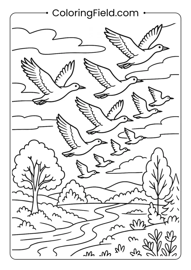 Migratory birds in V-formation flight with detailed feathers over seasonal landscape showing movement