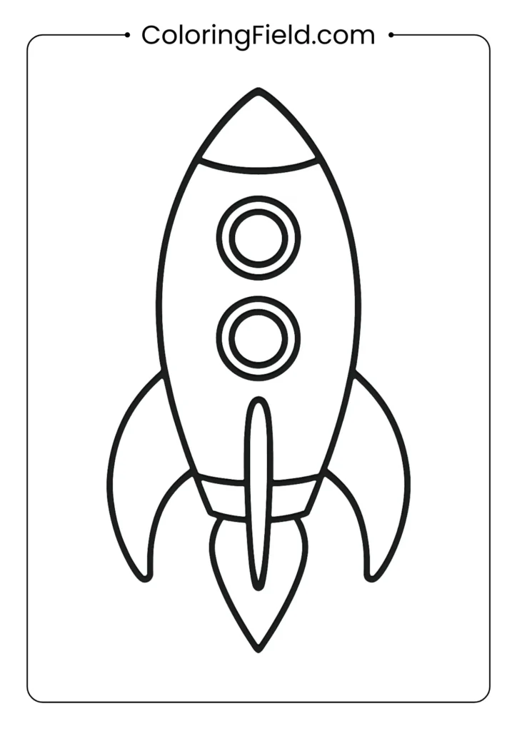 Classic cartoon rocket ship with fins and windows outlined for children's coloring
