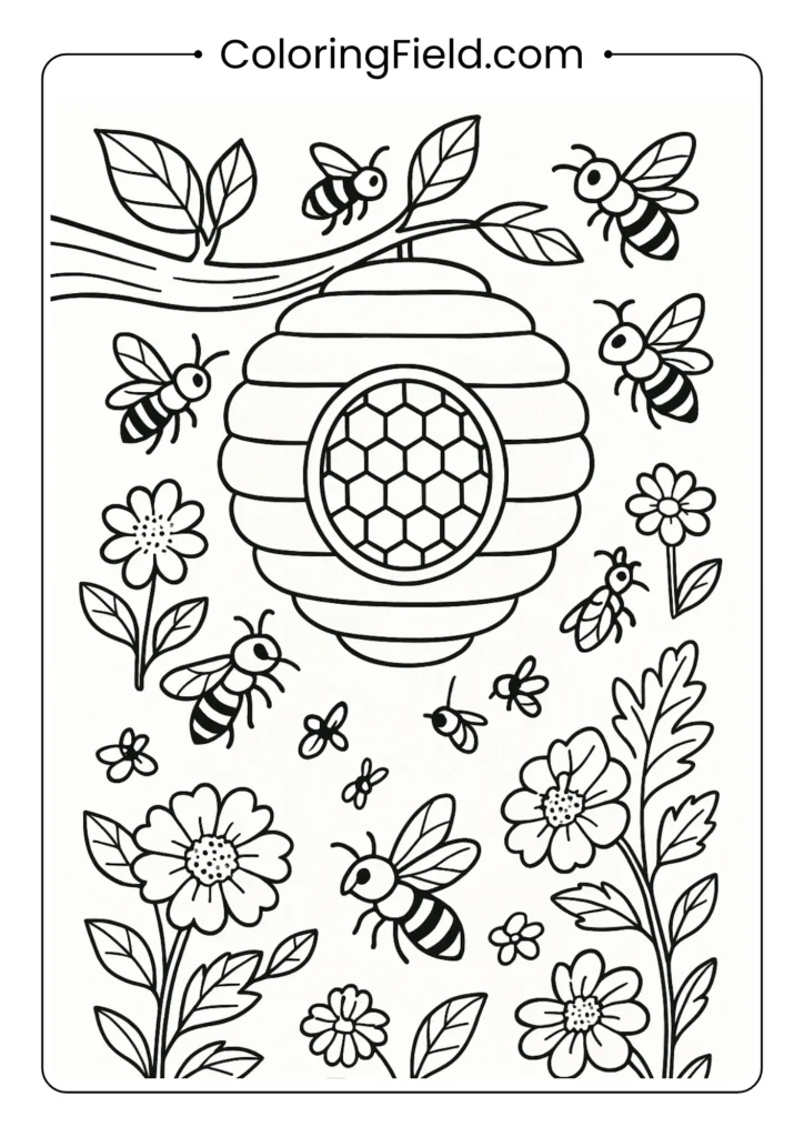 Detailed bee hive scene with worker bees, hexagonal honeycomb patterns and foraging flowers nearby