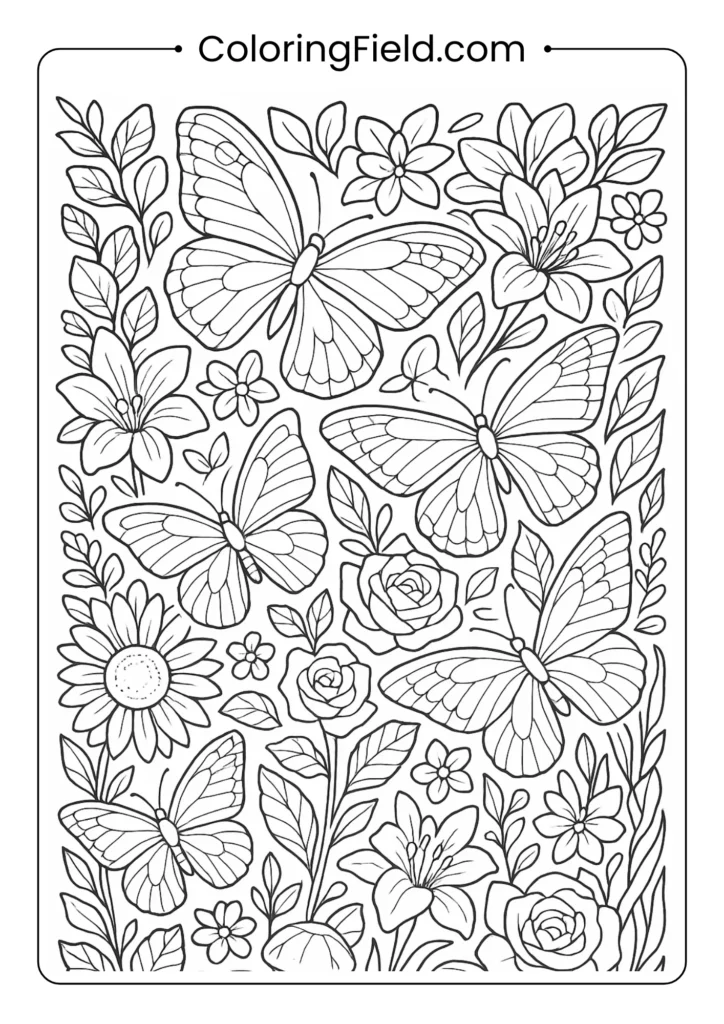 Vibrant garden scene with butterflies visiting roses, sunflowers and lilies showing pollinator relationships