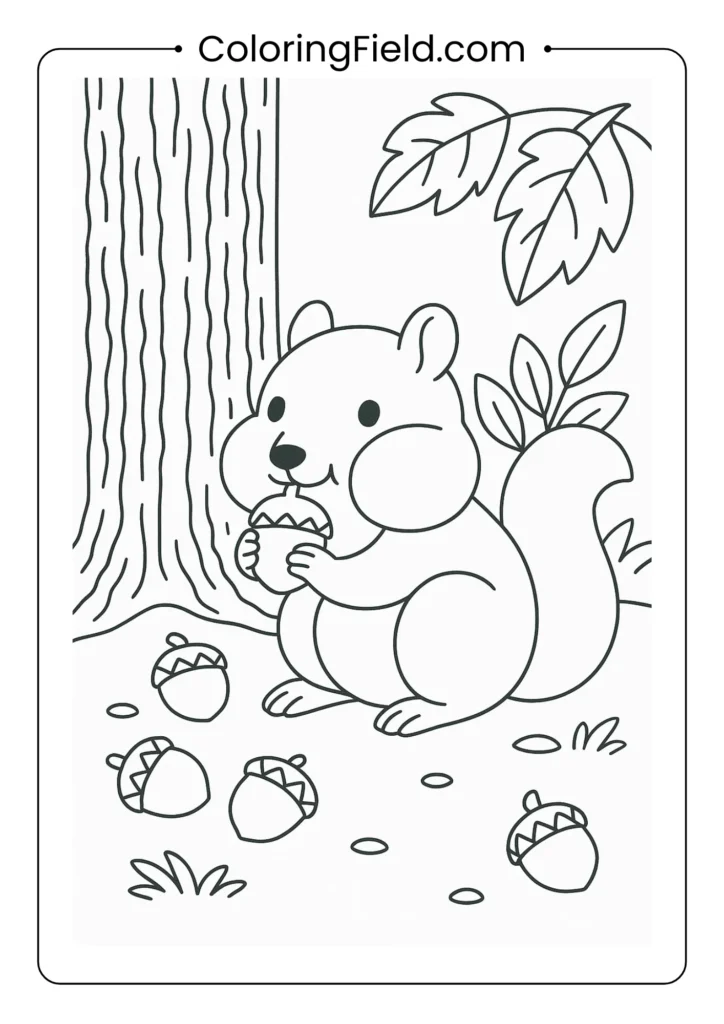 Chipmunk coloring page with stuffed cheeks storing acorns in tree hollow