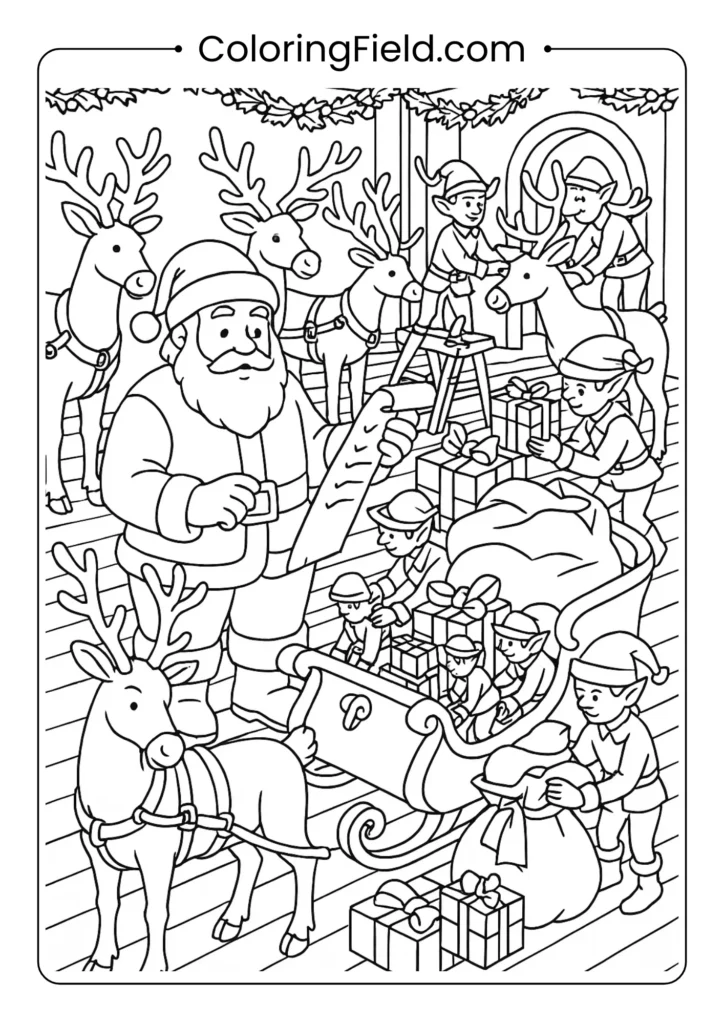 Complex Christmas Eve preparation scene coloring page with Santa and elves