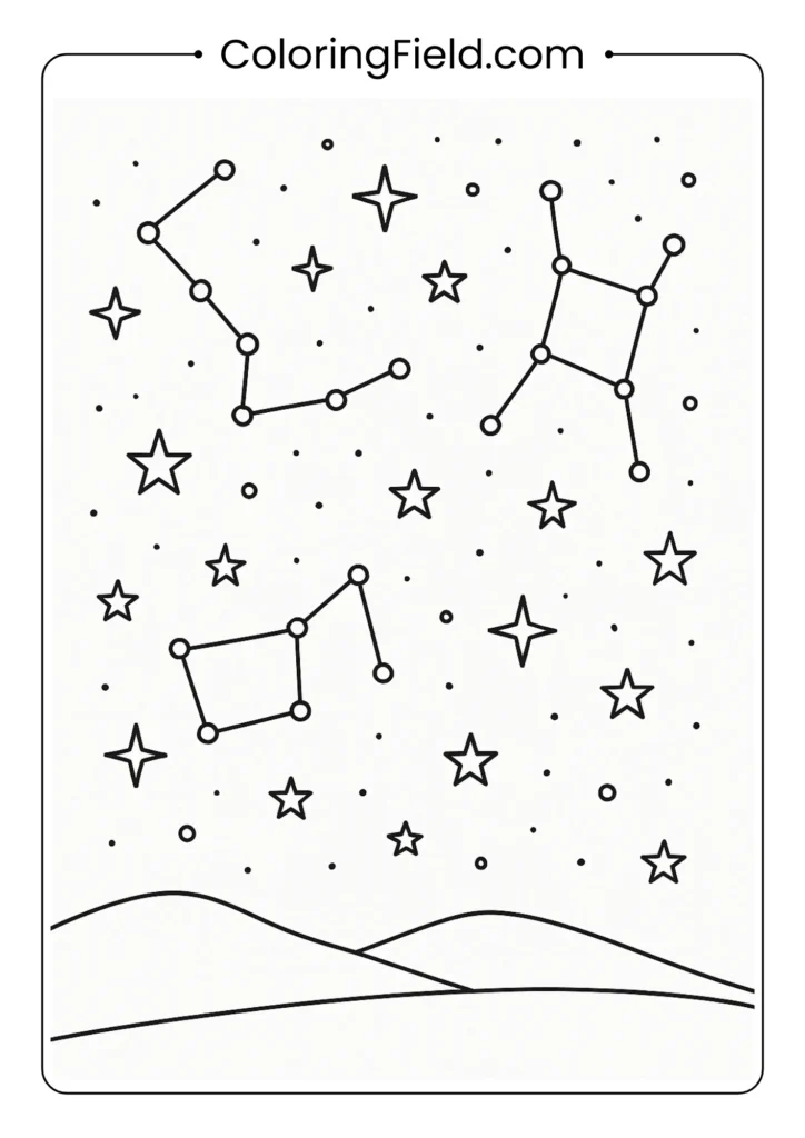 Multiple constellations in night sky scene with horizon outline drawing