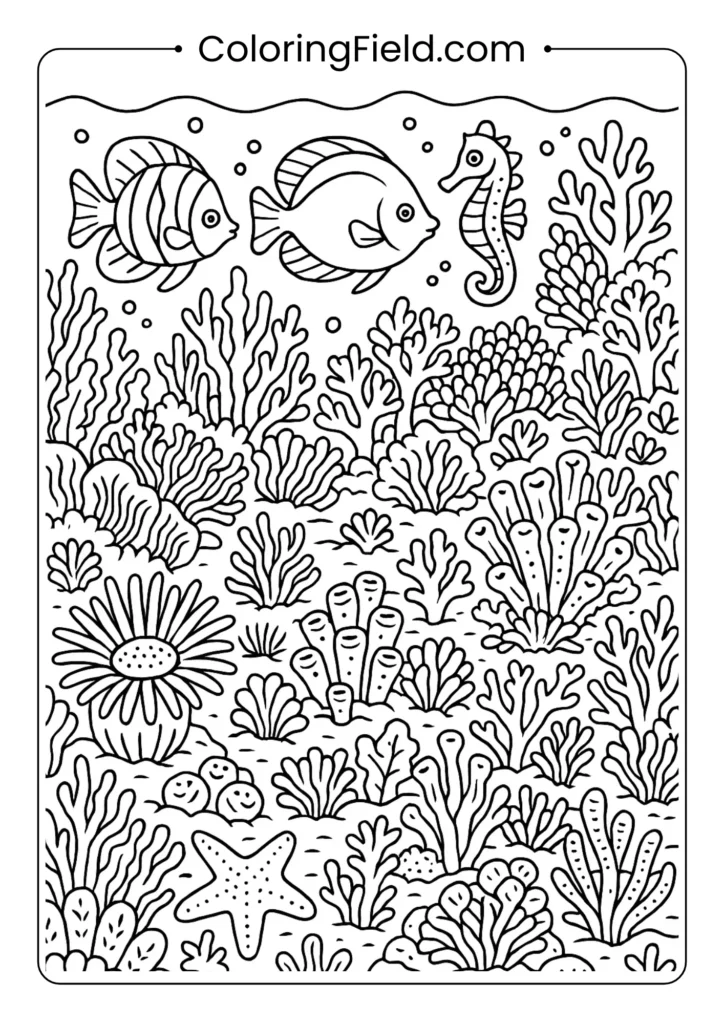 Detailed underwater coral reef scene with tropical fish, seahorses, sea anemones and various coral formations