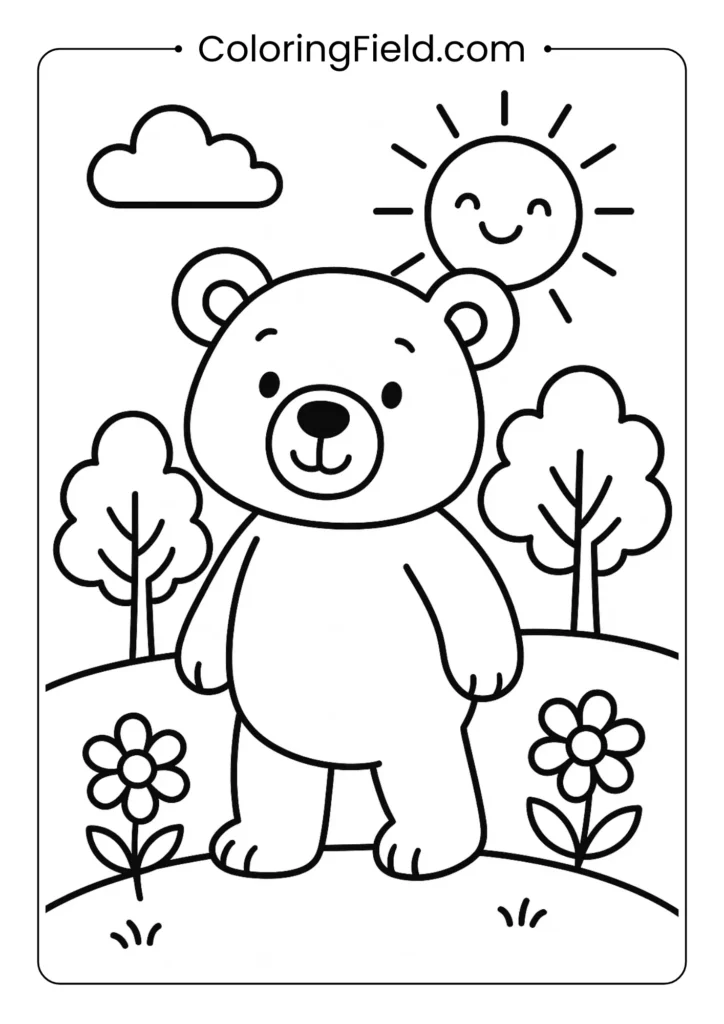 Cute bear cub coloring page sitting next to oak tree with friendly expression for kids