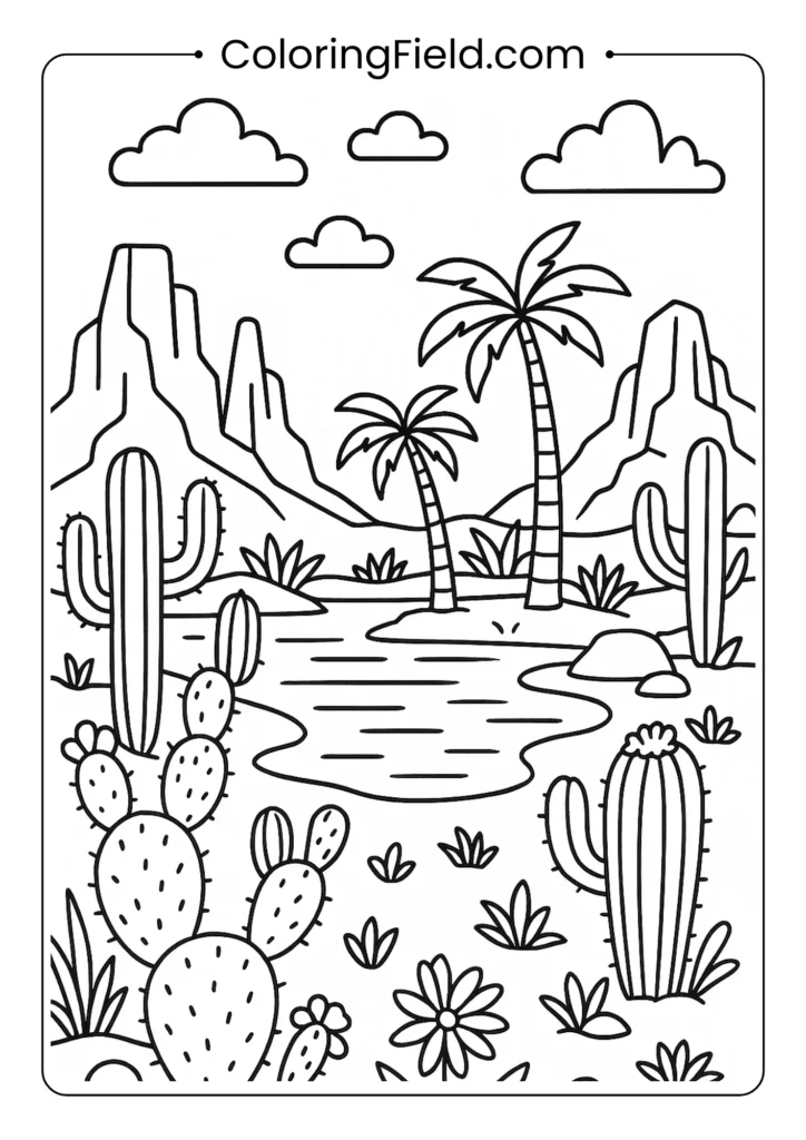 Desert landscape with various cacti, desert flowers, rock formations and palm tree oasis