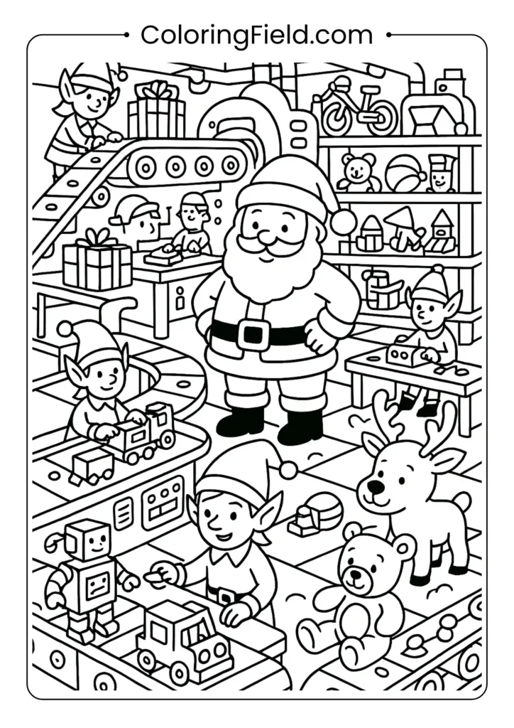 Complex Santa workshop assembly line coloring page with elves and machinery