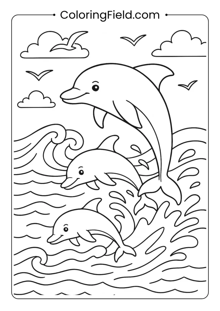 Playful dolphins jumping through ocean waves with water splashes and seabirds in coastal setting