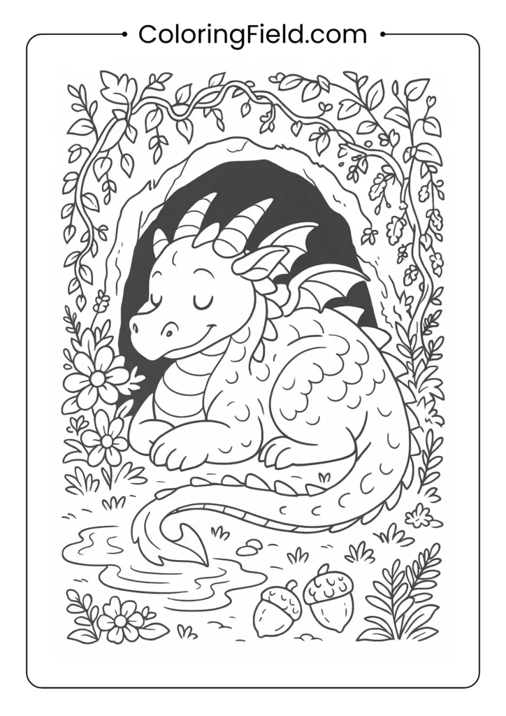Friendly dragon coloring page curled up in cave entrance with vines and flowers