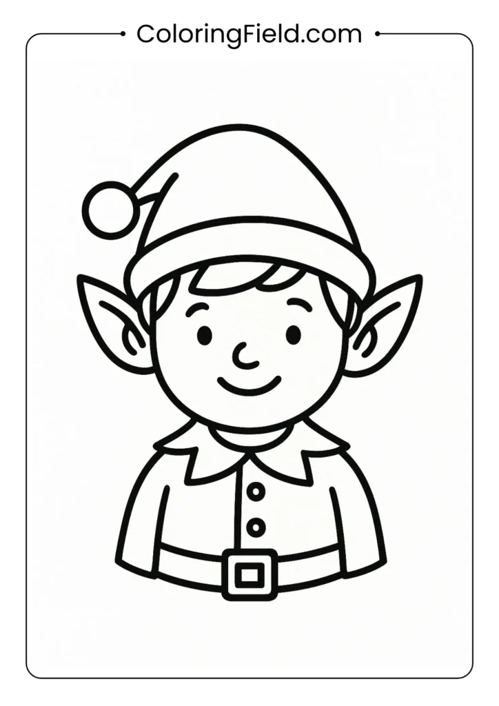 Friendly Christmas elf face coloring page with pointed hat