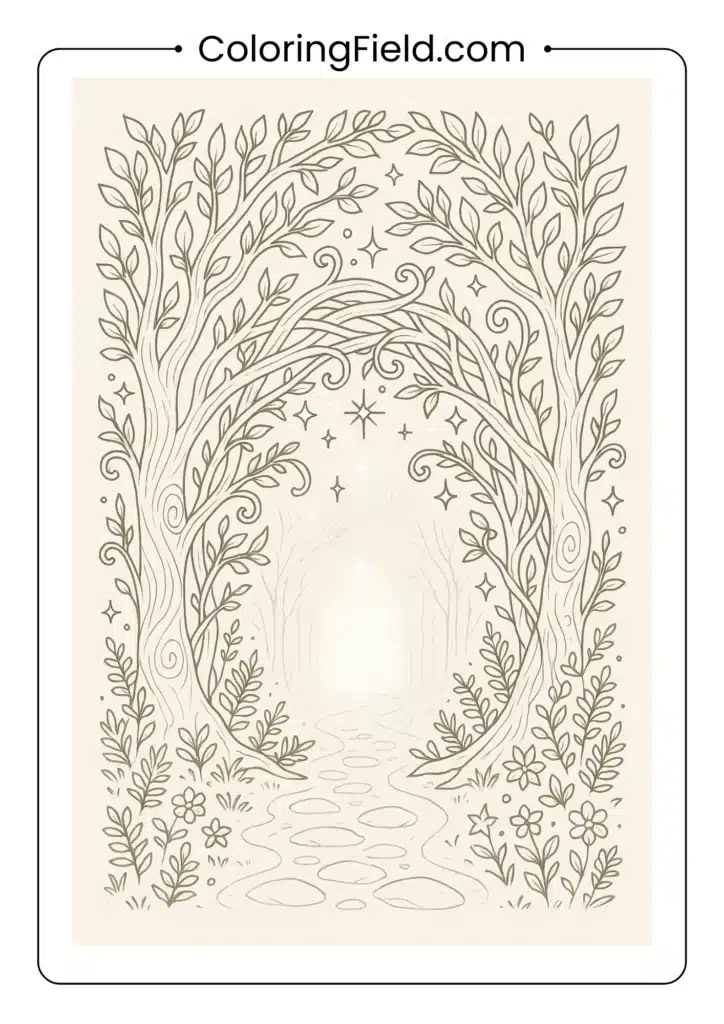 Forest gateway coloring page with ornate branch archway and magical glowing elements