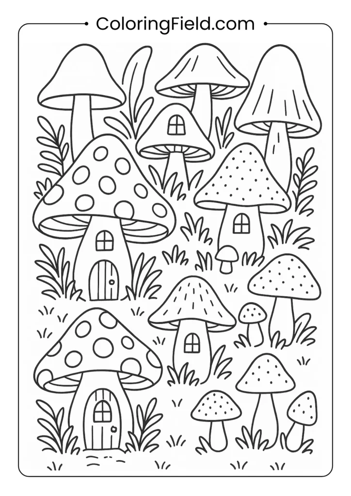 Whimsical mushroom village scene with various toadstools and fairy ring mushrooms in an enchanted forest setting