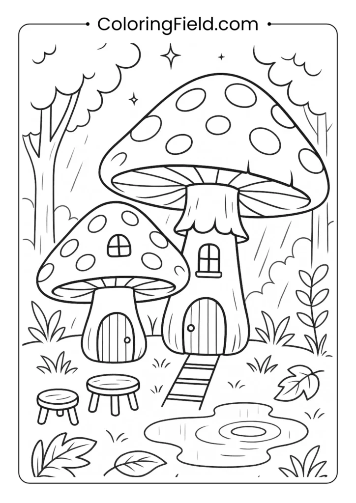 Fairy village coloring page with mushroom houses featuring tiny doors and windows