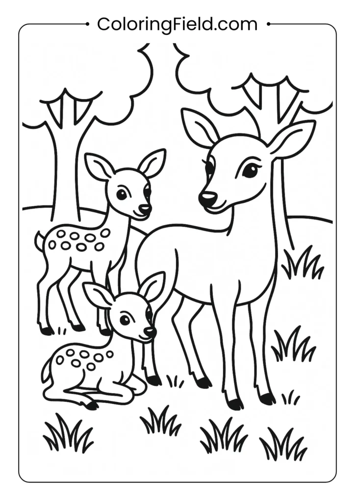 Deer family coloring page showing adult deer with two fawns in forest clearing