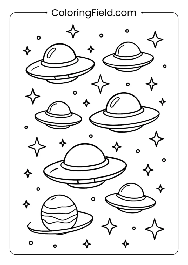 Multiple UFOs in formation flying through star field for children's coloring