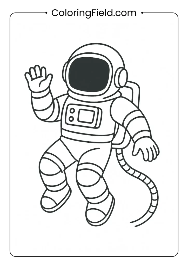 Astronaut in full space suit floating in zero gravity outline for coloring