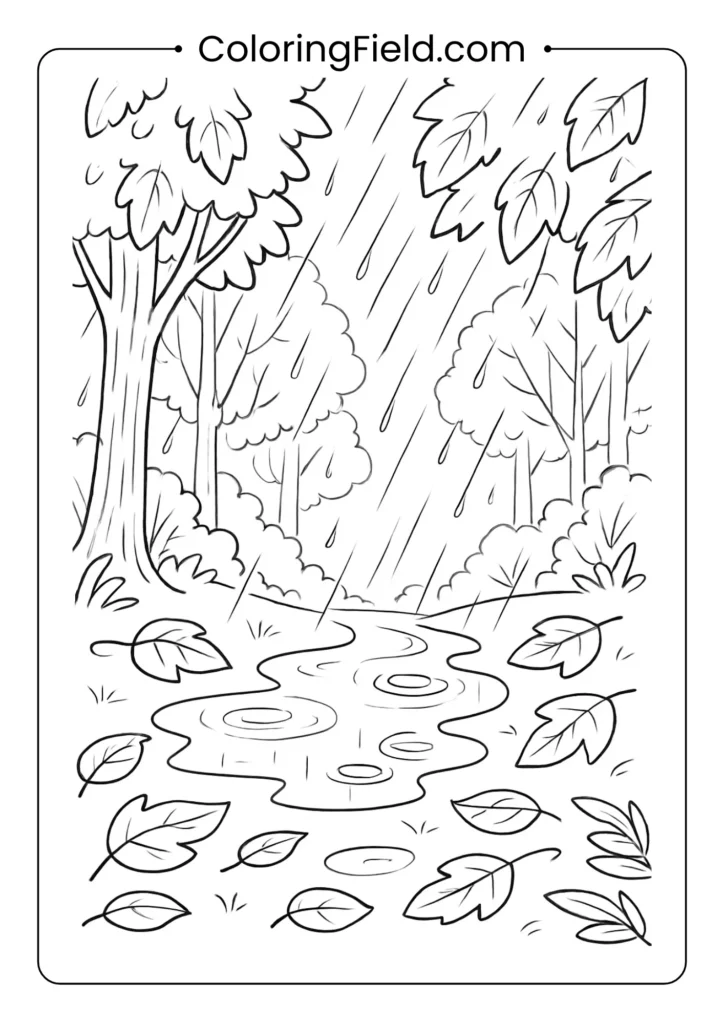 Forest after rain coloring page with puddles reflecting trees and wet leaves