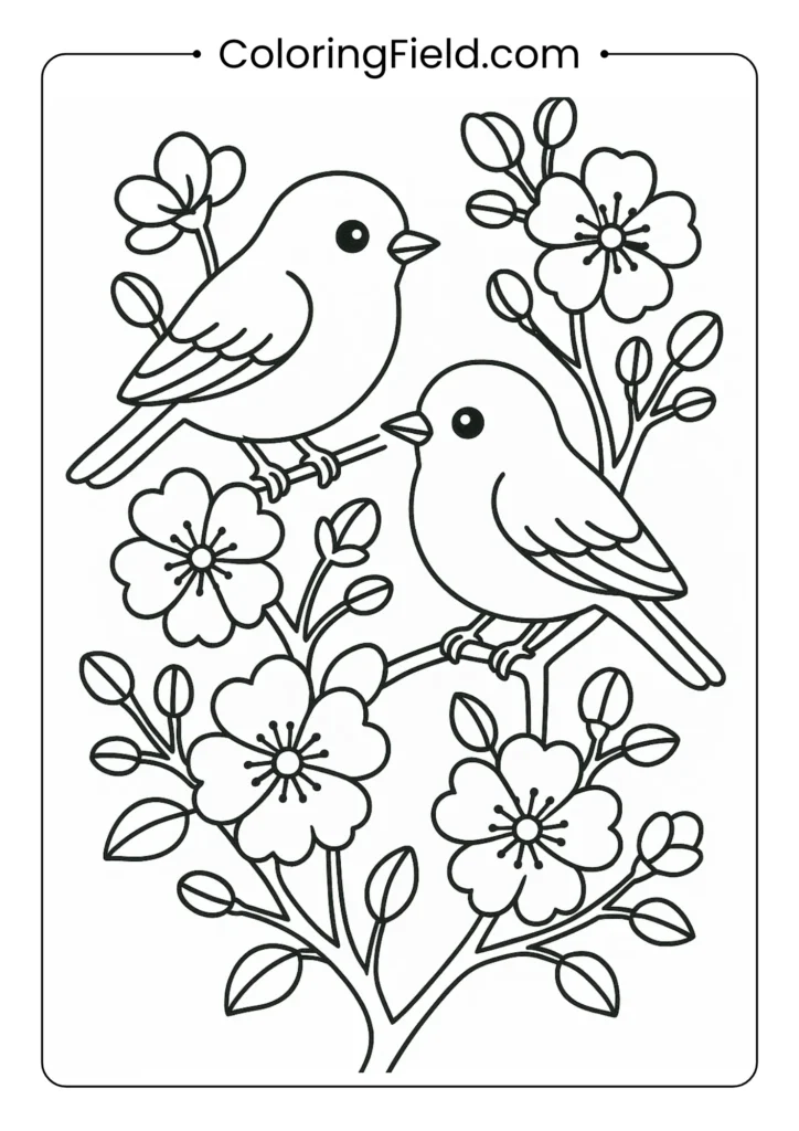 Birds coloring page with two songbirds perched on flowering tree branches