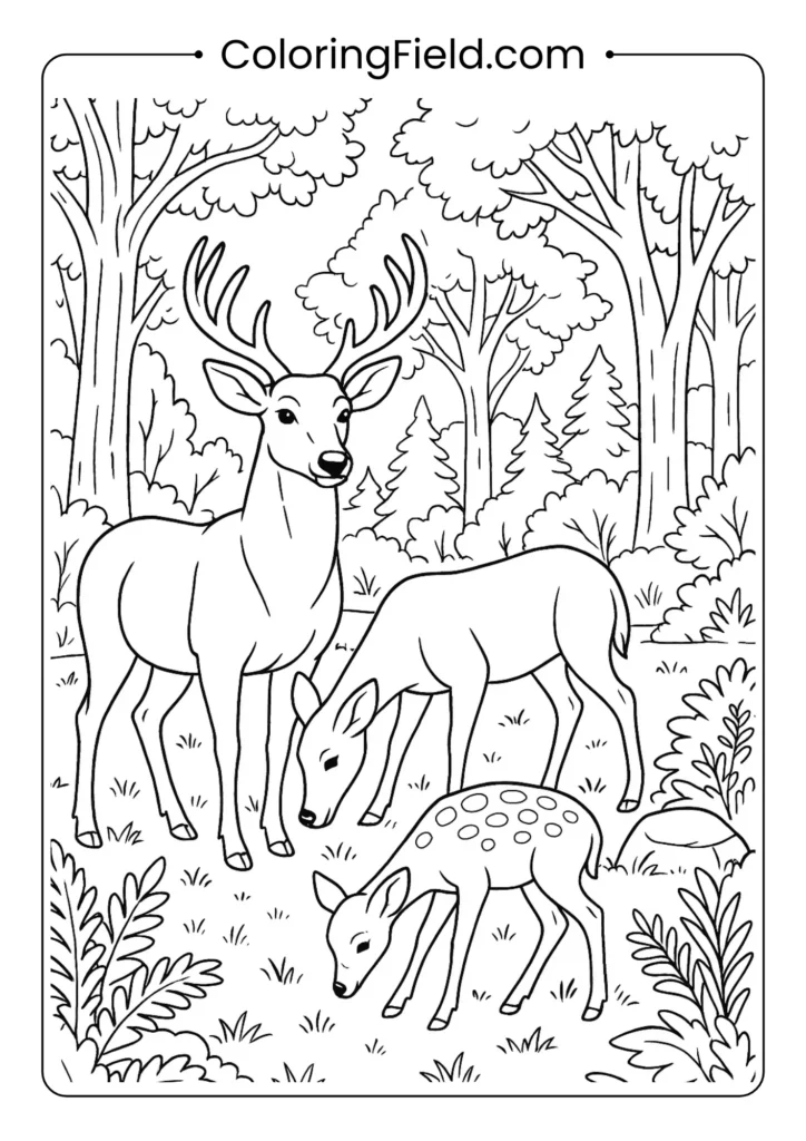 Peaceful deer family grazing in forest meadow with detailed antlers and dappled sunlight