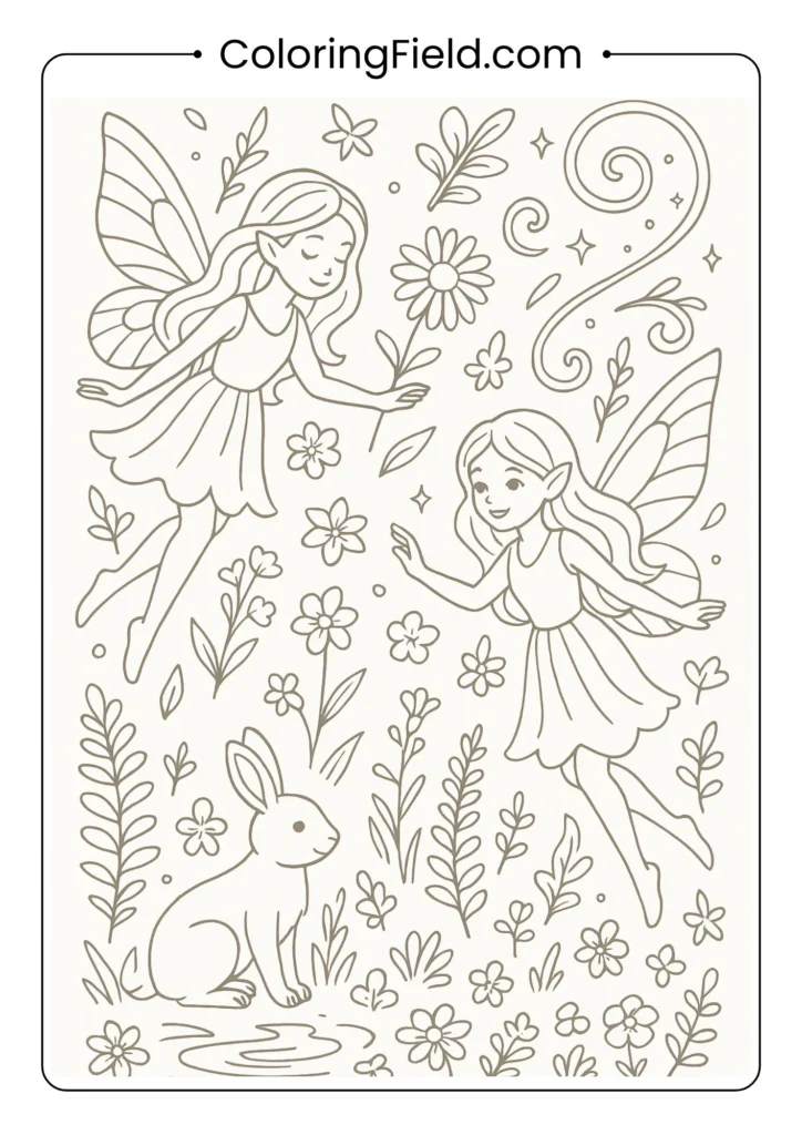 Forest fairies coloring page showing winged fairies dancing around wildflowers