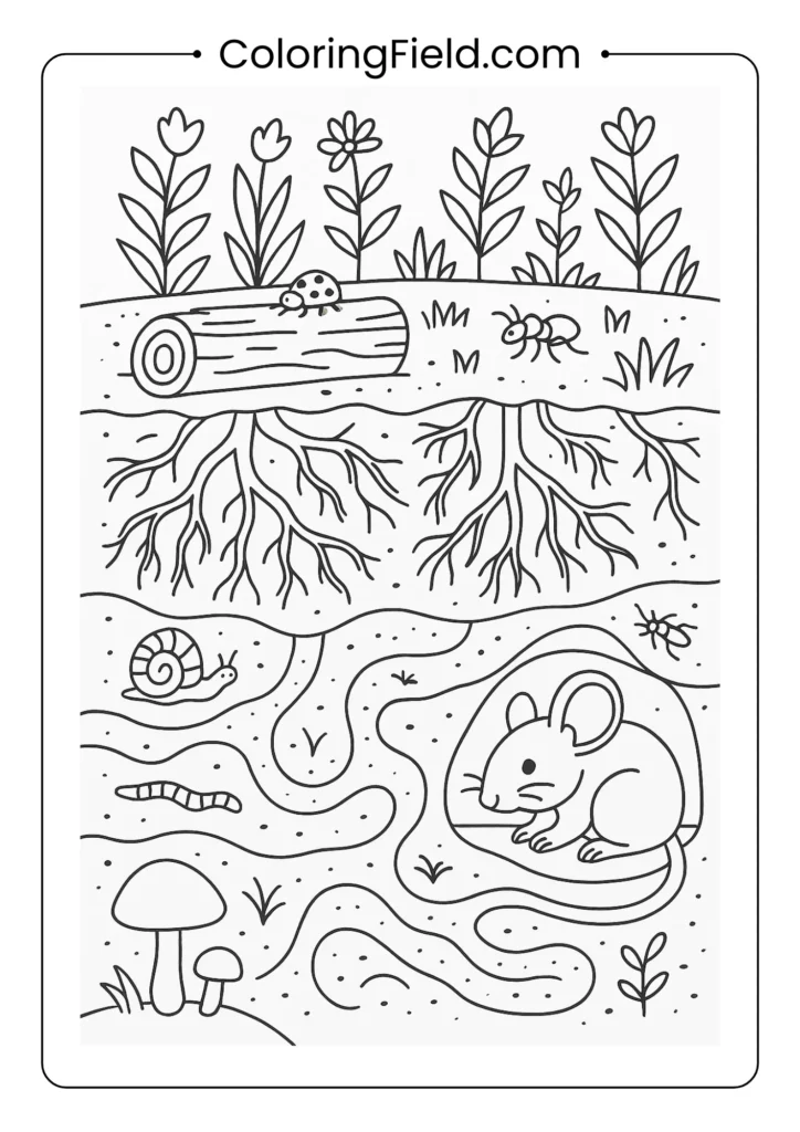 Forest floor cross-section coloring page showing underground roots, soil layers, and burrows