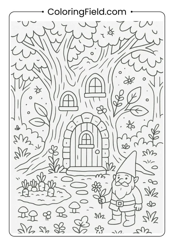 Whimsical gnome house built into tree trunk with tiny windows, doors, garden and magical forest creatures