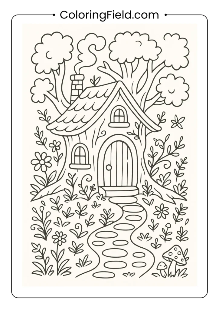 Wizard cottage coloring page built into large tree trunk with chimney and garden