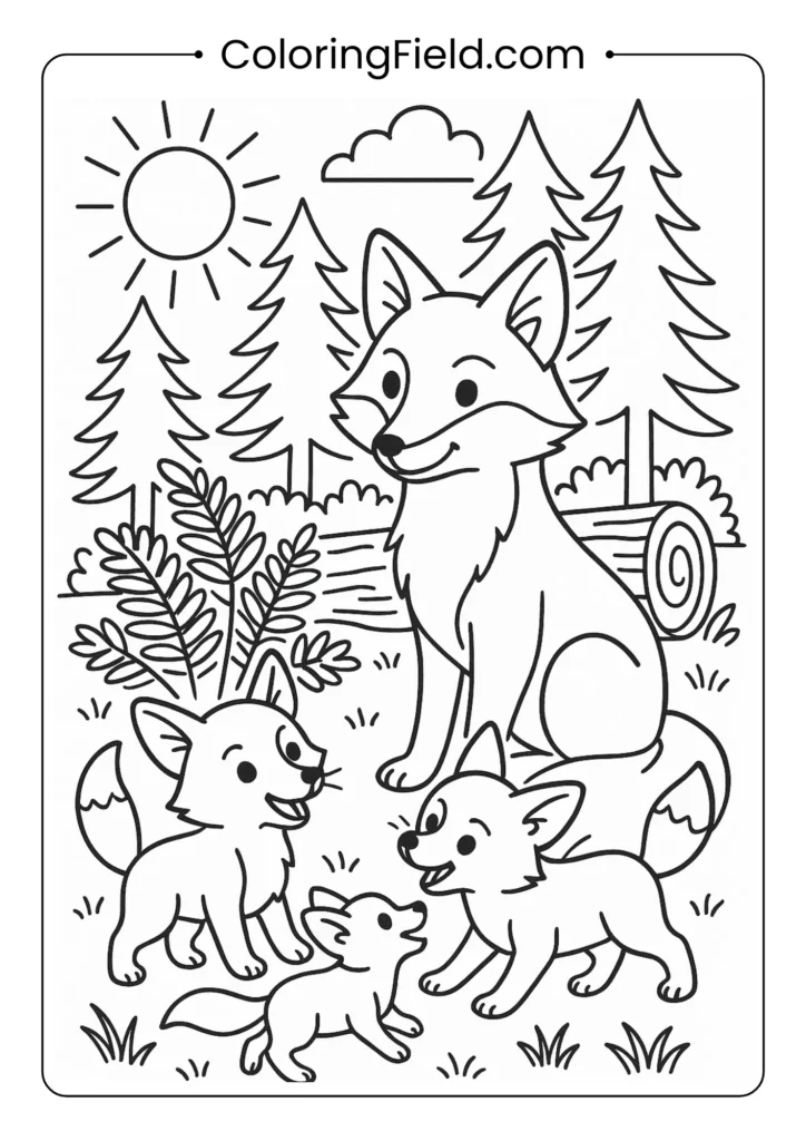 Mother fox watching two playful fox kits in a sunny forest clearing surrounded by ferns and pine trees